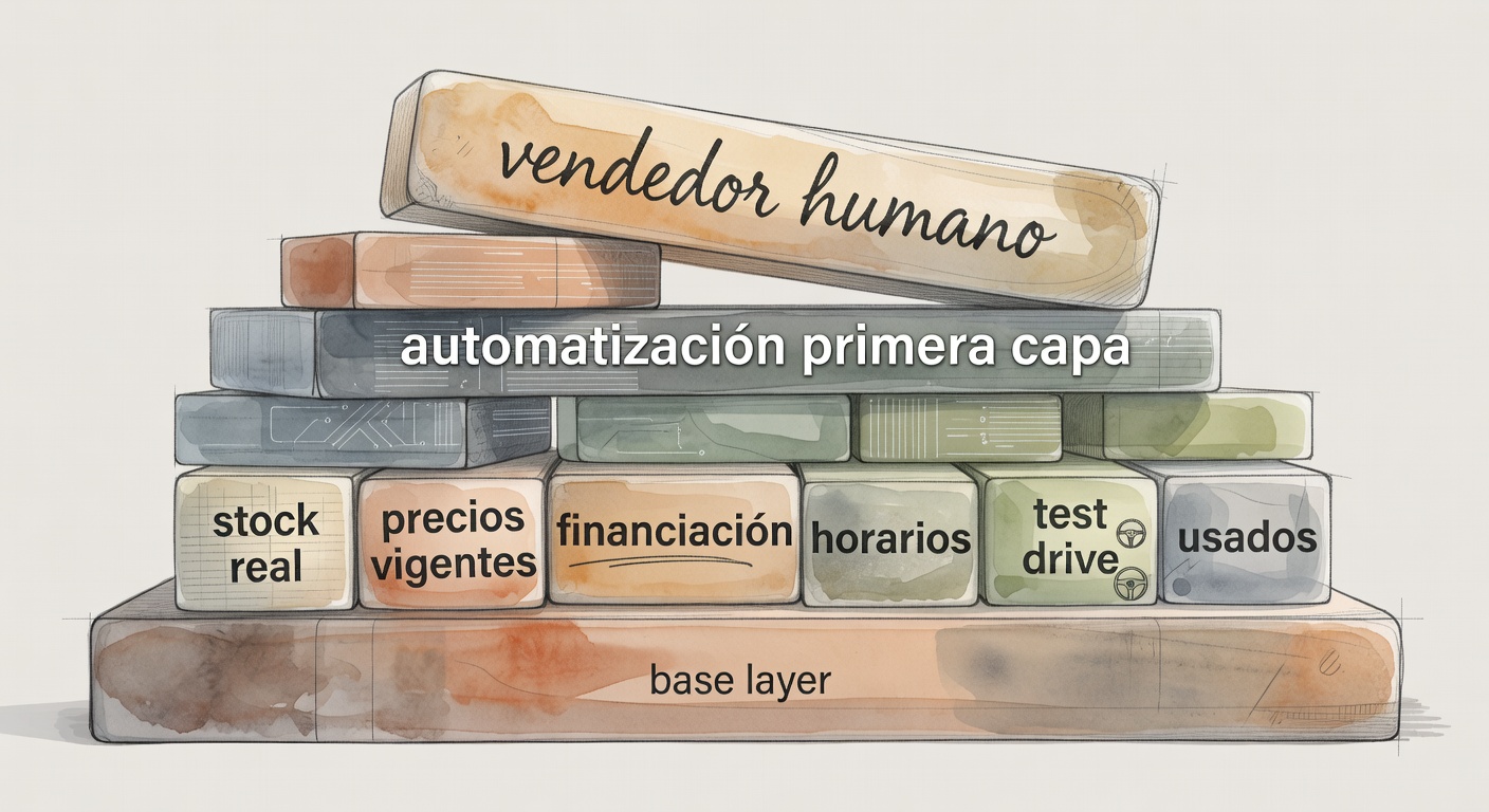 Una imagen para bajar a tierra la idea central: primero la base de información, después la automatización, y arriba la mano humana donde realmente hace falta.