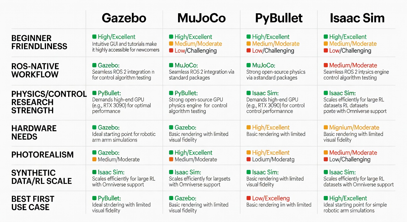 A no-nonsense tool comparison chart showing why Gazebo is the sensible starting point, while Isaac Sim and MuJoCo make more sense once the task stops being fuzzy.