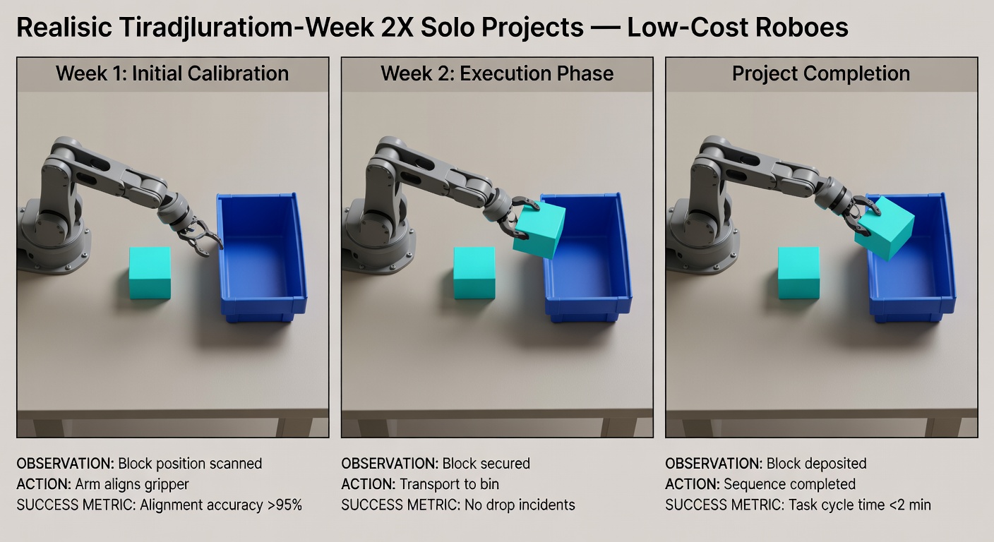 A top-down storyboard of the kind of project a solo developer can actually finish: one arm, one block, one bin, and a success metric that doesn’t require divine intervention.