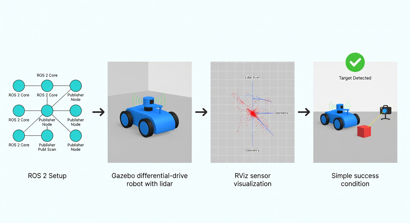 A four-step first-weekend robotics path: install ROS 2, launch Gazebo, inspect sensors in RViz, then test one tiny task instead of building a science-fiction mess.