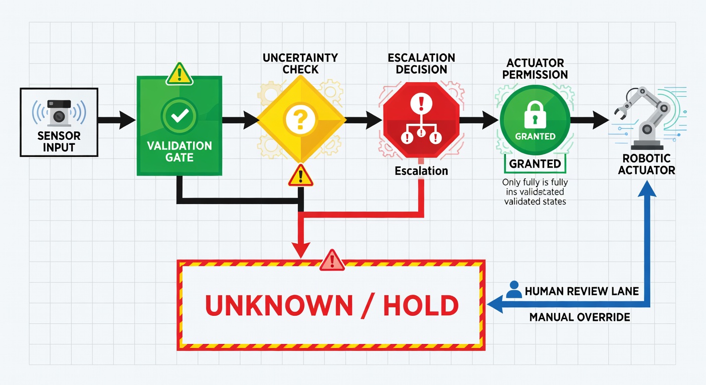 This is the architecture version of 'build the wall into the system': validate, check uncertainty, escalate when needed, and route unknowns to hold instead of pretending everything is fine.
