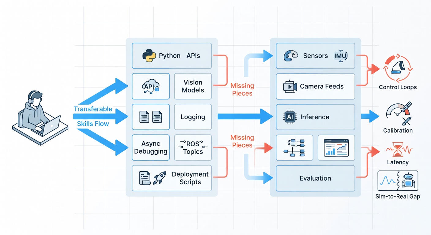 A skills handoff diagram showing that a lot of software experience carries over to robotics—until control, calibration, and latency show up to make things interesting.