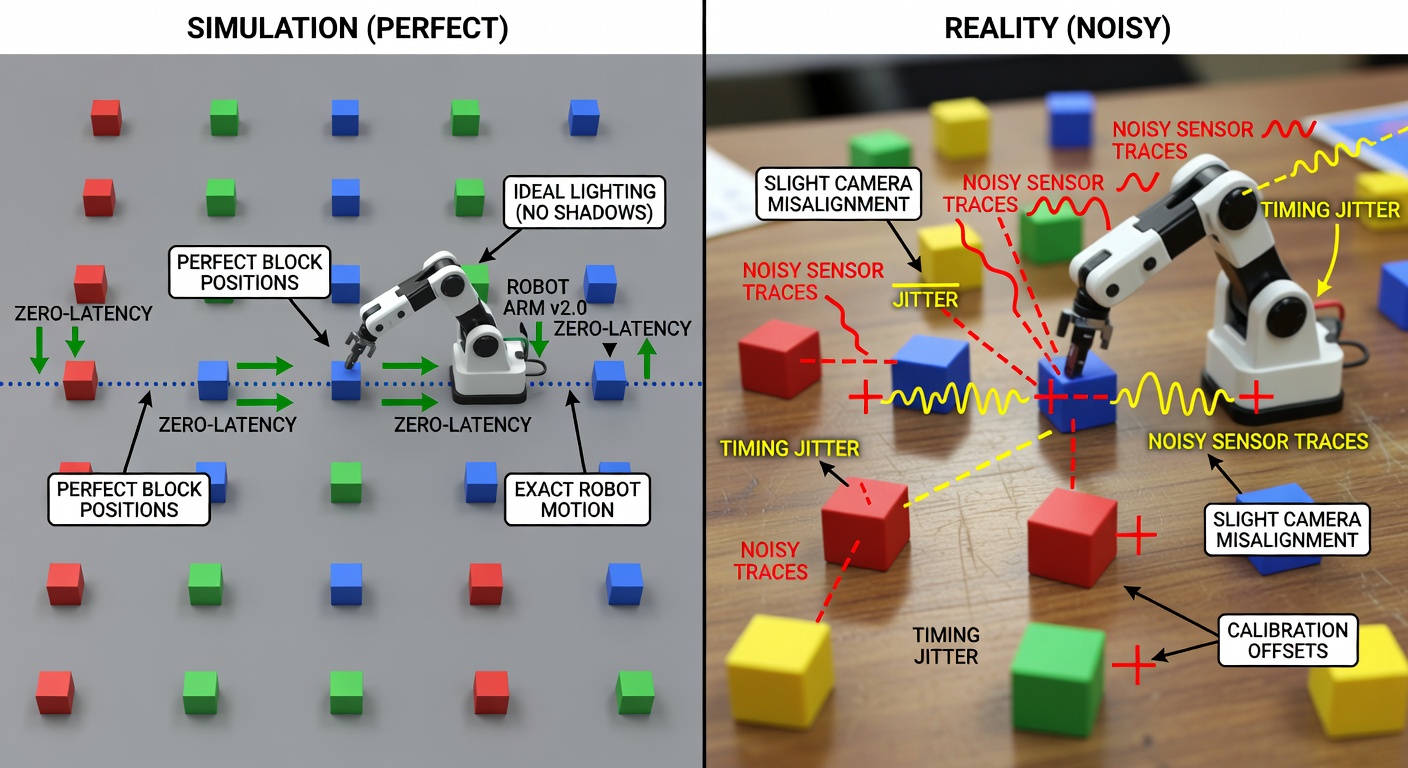 A split scene where the simulator behaves like a saint and the real robot immediately introduces glare, jitter, offsets, and other familiar headaches.