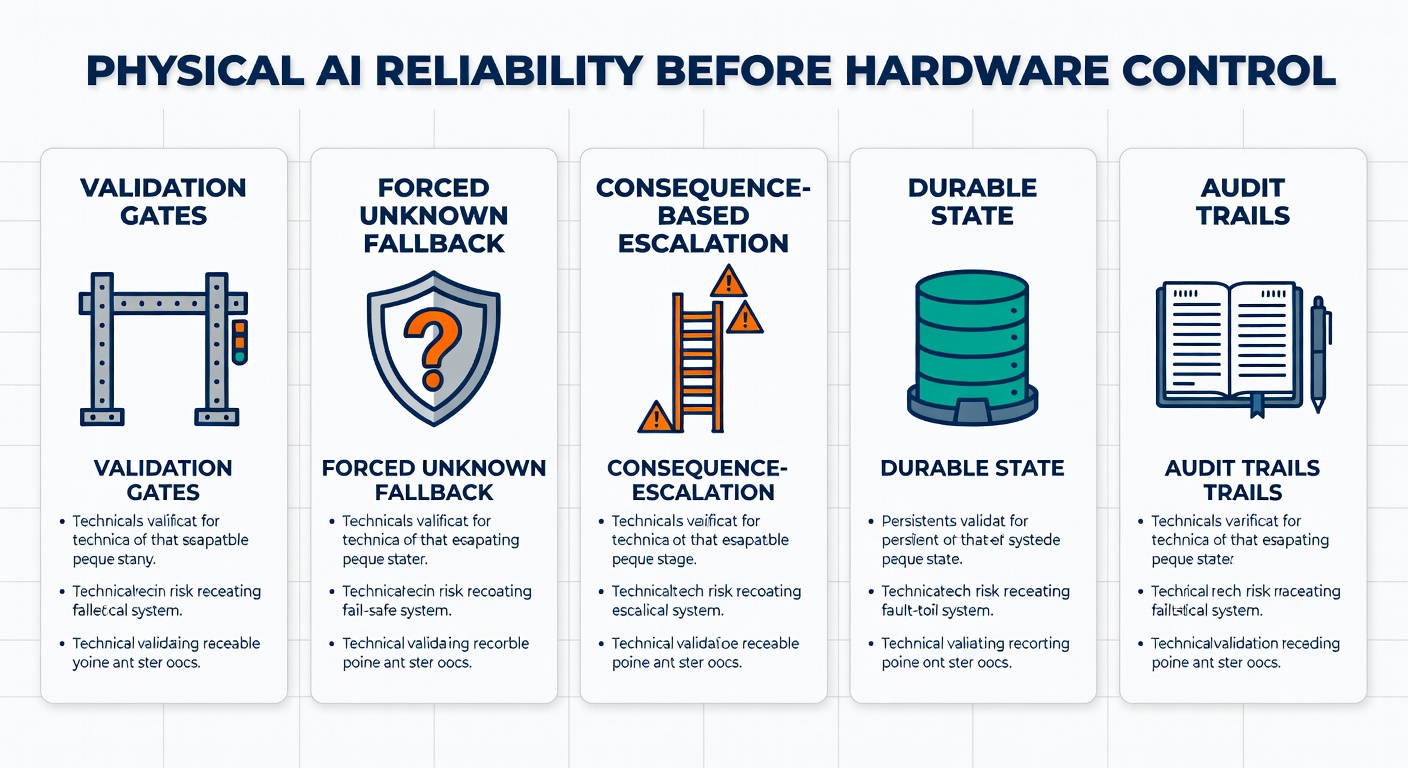 A no-nonsense checklist lays out the boring stuff that should happen before any agent touches hardware: validate, admit uncertainty, escalate, persist state, and log everything.
